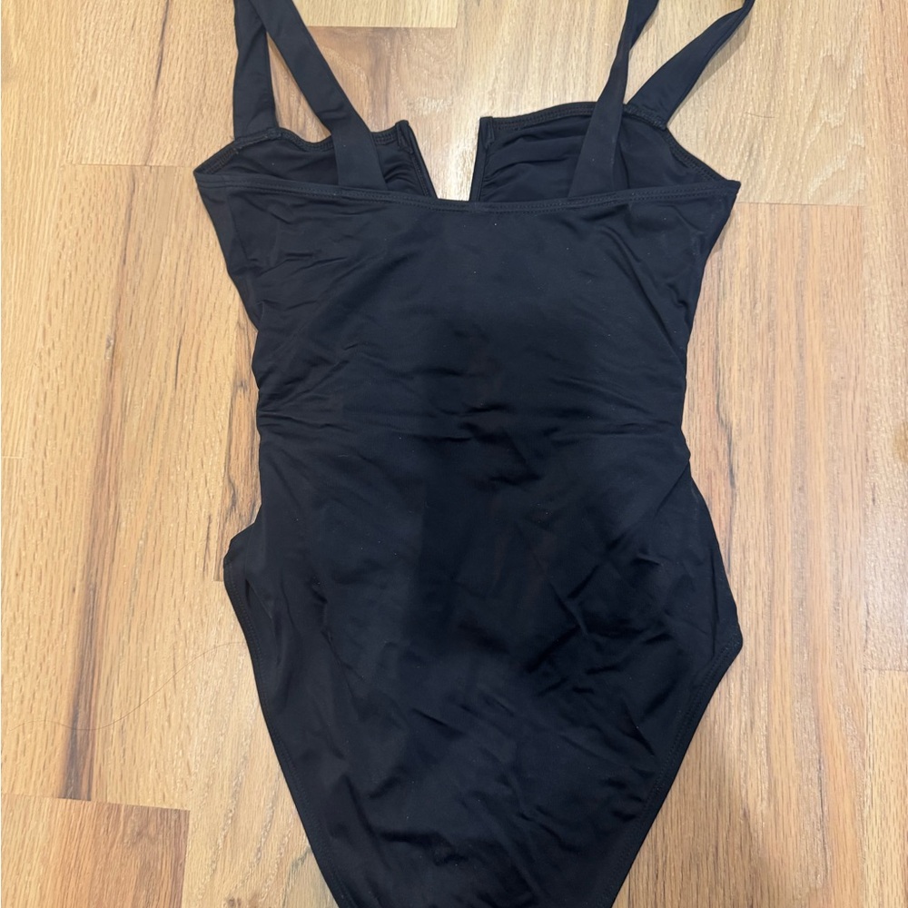 Stylish Black One Piece Swimsuit with White Floral Details - Picture 2 of 3